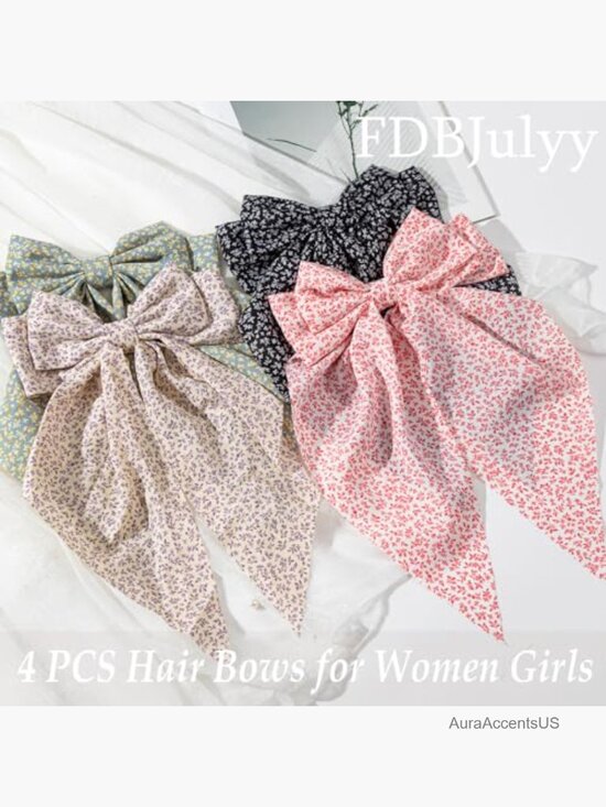 4 Premium Satin Hair Bow Claw Clips, Non-Slip, All Hair Types, Accessories